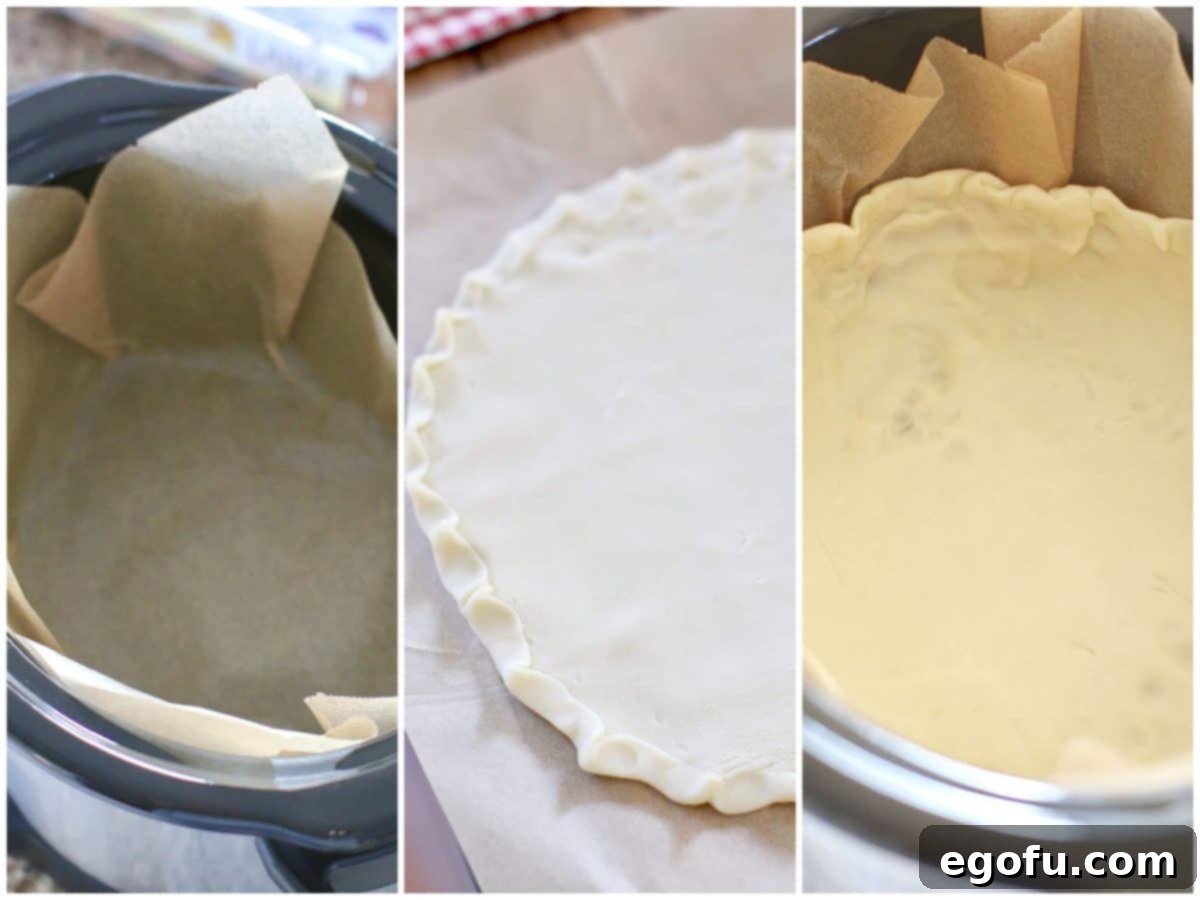 Collage of three process photos showing parchment paper being pressed into a slow cooker, a pie crust being rolled out and crimped, and the pie crust placed inside the slow cooker on parchment paper.