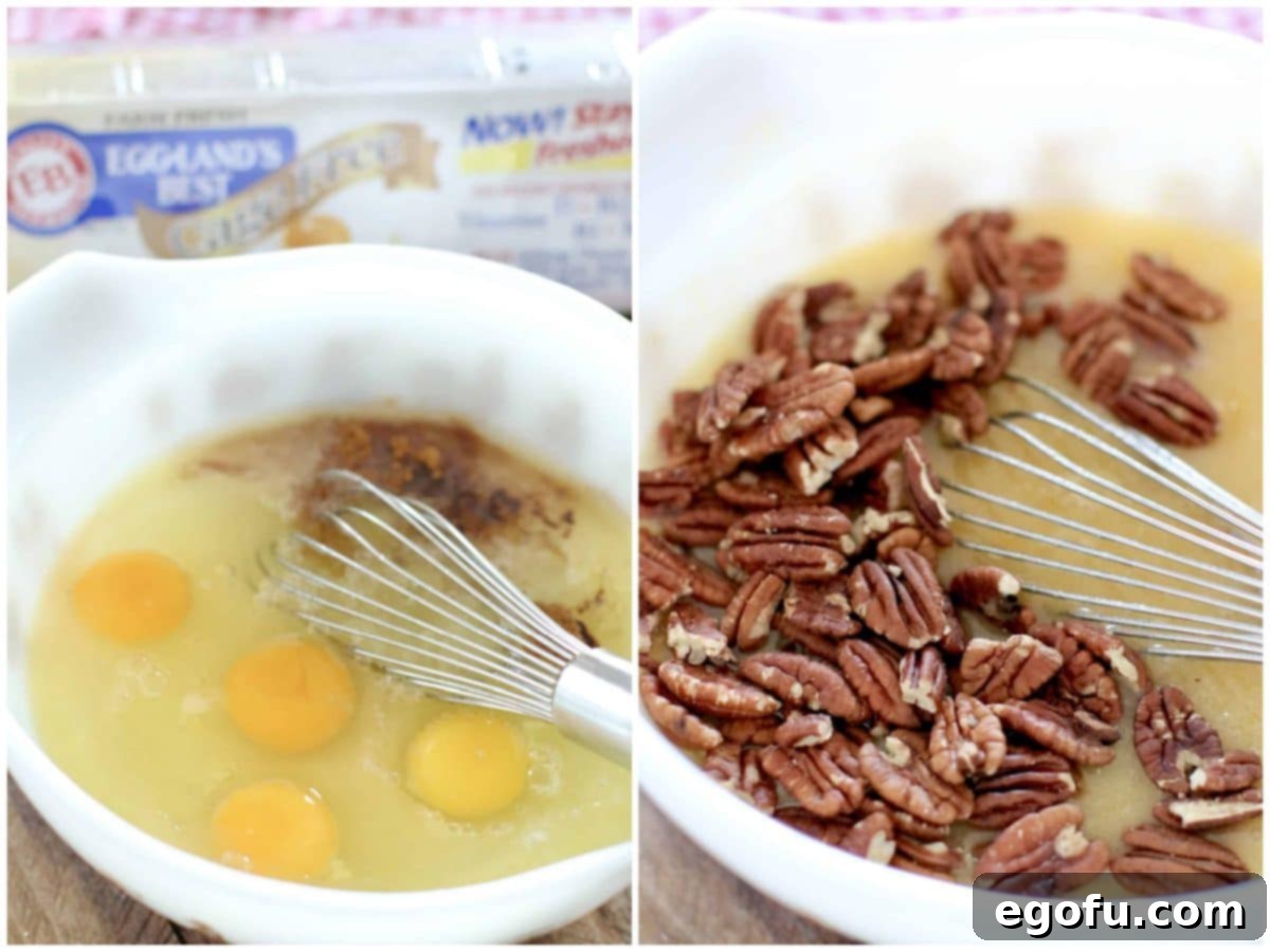 Collage of two photos: one showing a bowl with eggs, corn syrup, vanilla, and cinnamon being whisked, and another showing pecan halves being added to the mixture.