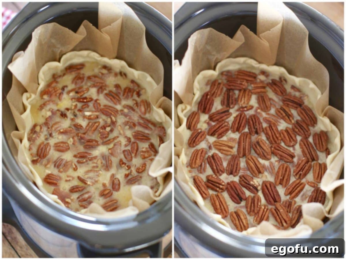 Collage of two photos: one showing pecan pie batter being poured into the pie crust in the slow cooker, and another showing pecan halves neatly arranged on top of the batter for decoration.