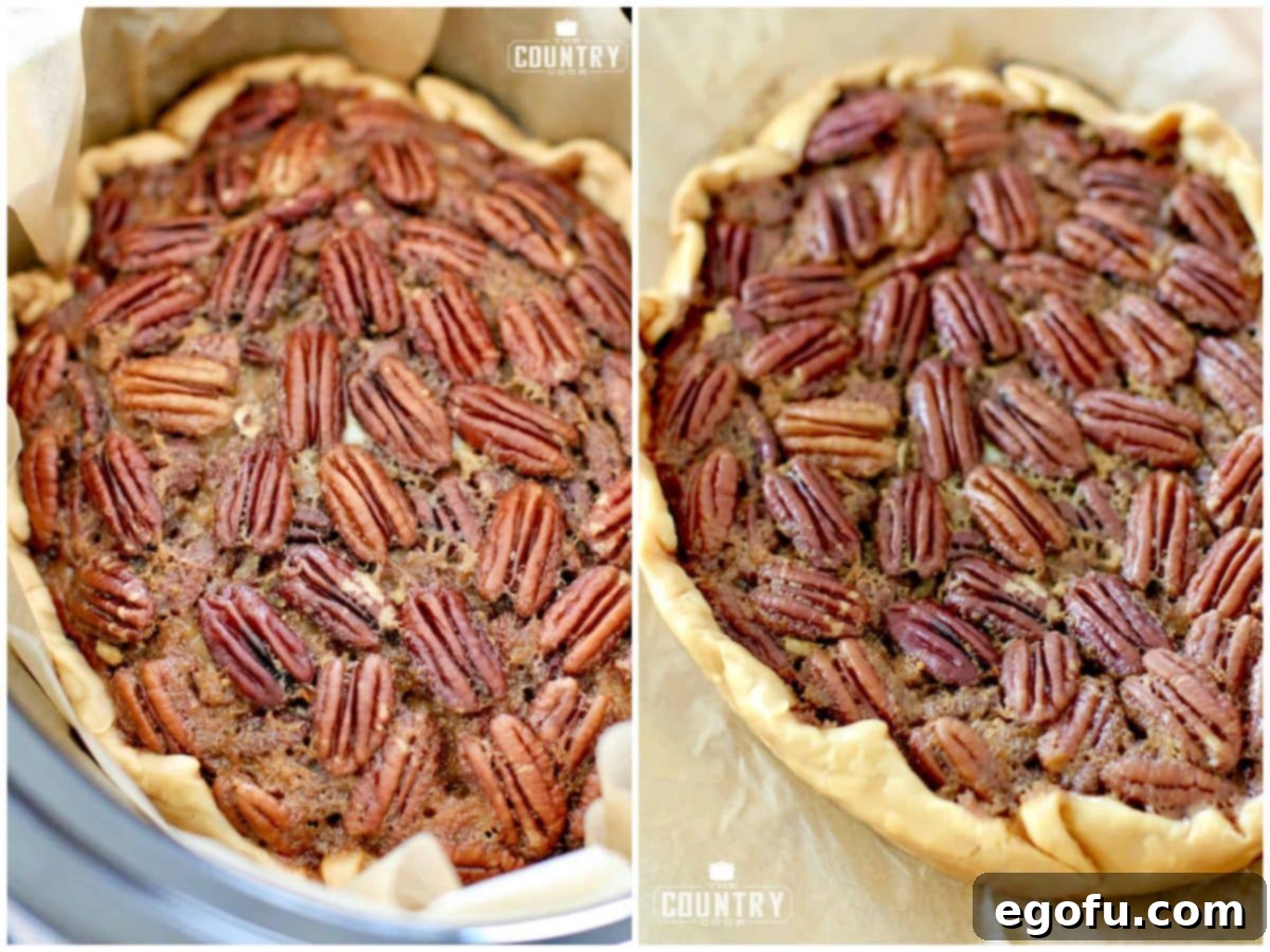 Collage of two photos: a fully baked pecan pie resting inside a slow cooker, and the same pecan pie gently lifted out on parchment paper, ready for slicing.