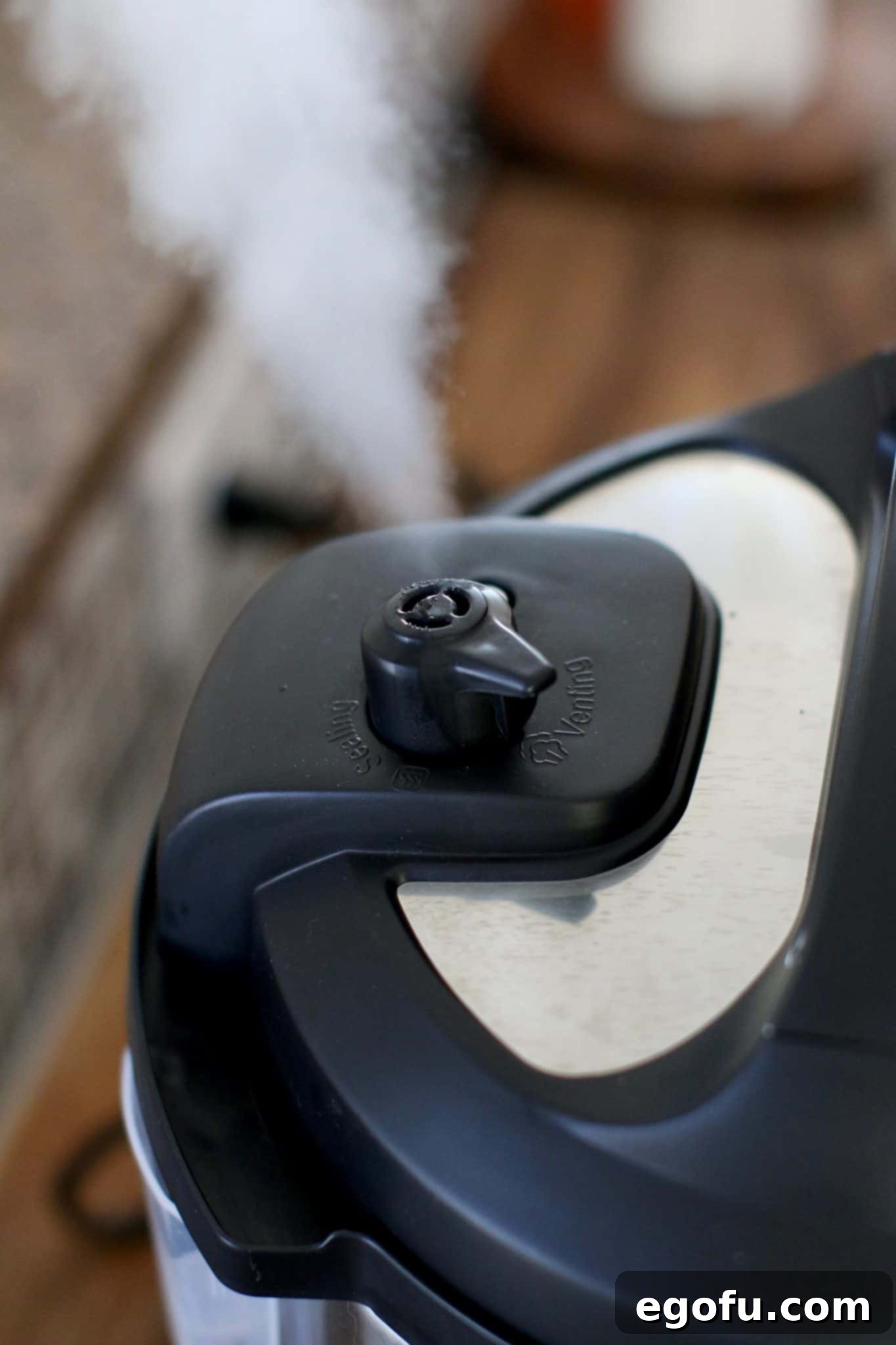 Steam rapidly releasing from the Instant Pot valve during a quick release, demonstrating proper pressure venting.