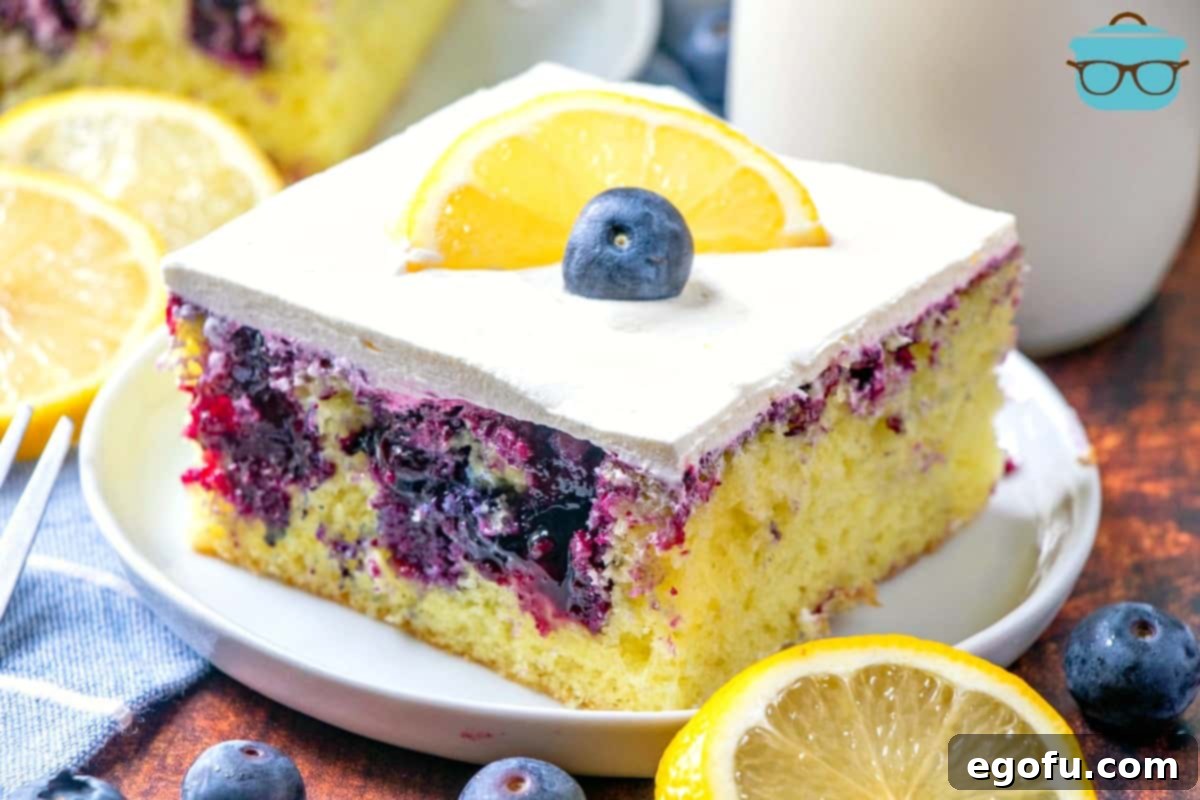 Lemon Blueberry Poke Cake slice on a white plate surrounded by fresh blueberries.