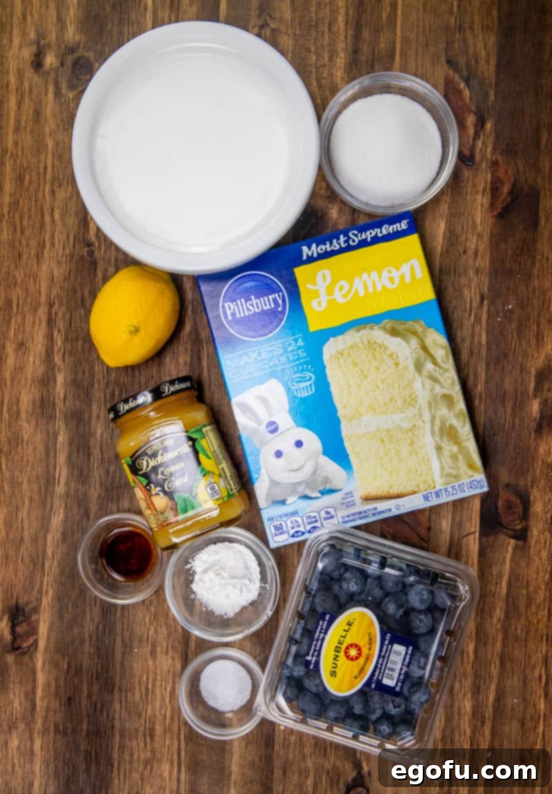 lemon cake mix, blueberries, lemon, sugar, corn starch, salt, vanilla extract, lemon curd, whipped topping.