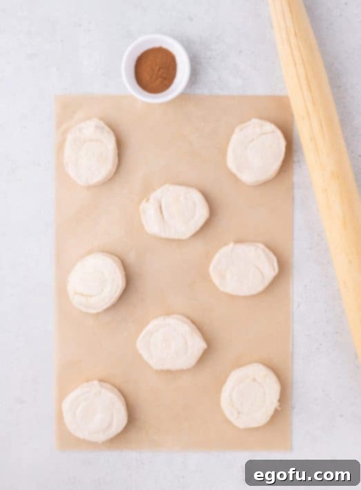 Biscuit dough rounds on parchment paper, ready for cinnamon.