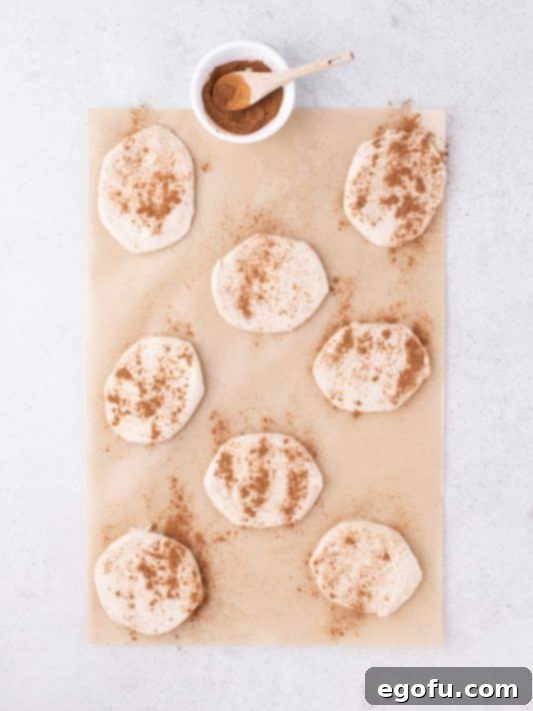 Cinnamon being sprinkled onto flattened biscuit dough rounds.