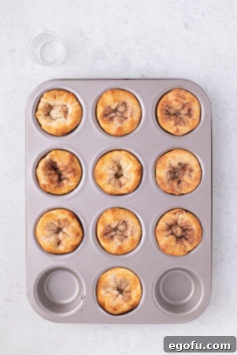 Partially baked cinnamon-coated biscuit cups in a muffin pan.