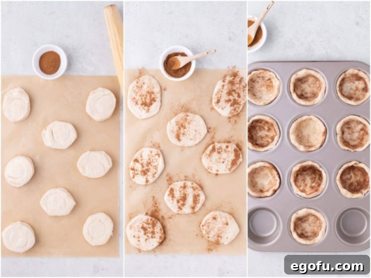 A visual collage showing biscuit dough being rolled out, sprinkled with cinnamon, and pressed into a muffin tin to form cups for the Apple Pie Cinnamon Rolls.