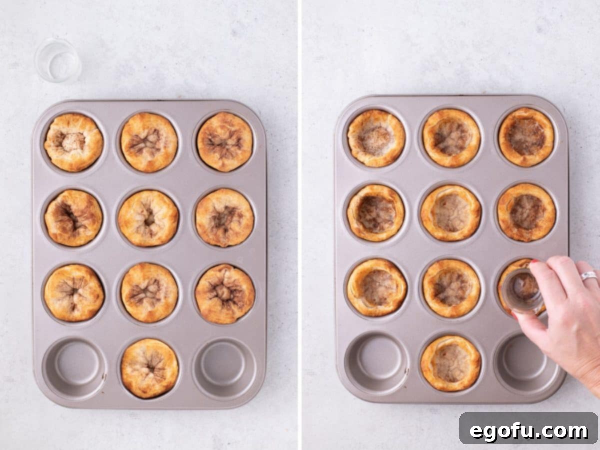 A two-part image showing golden-brown biscuit cups fresh from the oven, followed by a hand using a shot glass to indent and perfect the cup shape for the Apple Pie Cinnamon Rolls.