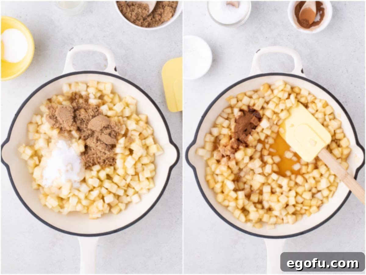A visual guide showing diced apples, granulated sugar, brown sugar, and lemon juice simmering in a skillet, followed by the addition of ground cinnamon and nutmeg to the mixture for the apple pie filling.