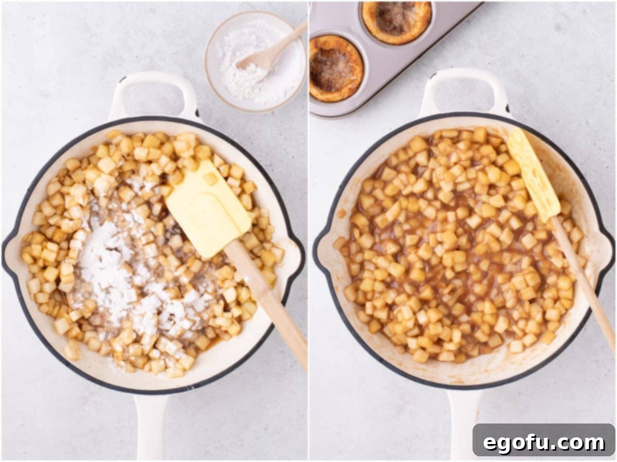 A two-panel image illustrating flour being sprinkled into the simmering apple mixture, then showing the apple pie filling once it has perfectly thickened in the skillet.