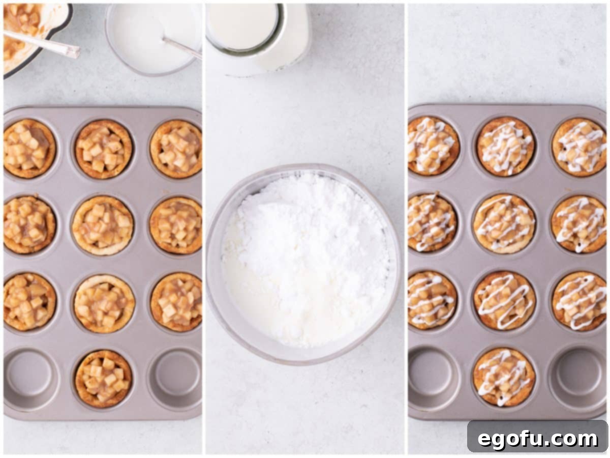 A step-by-step visual of filling the biscuit cups with apple pie mixture, preparing the powdered sugar glaze in a bowl, and finally drizzling the glaze over the finished Apple Pie Cinnamon Rolls in the muffin tin.