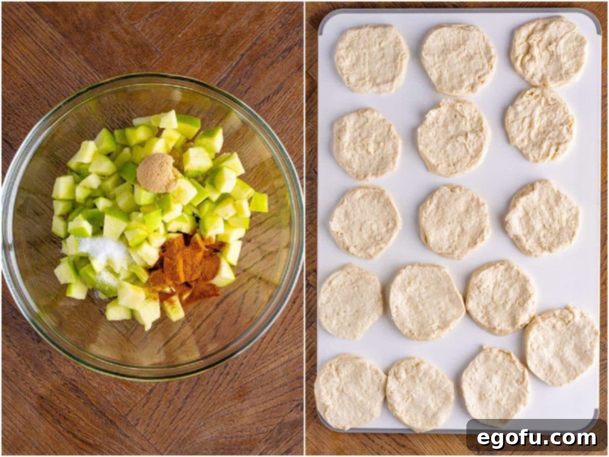 A two-part collage showing (left) diced apples mixed with cinnamon, sugar, and vanilla extract in a bowl, and (right) refrigerated biscuit dough sliced in half on a white cutting board.