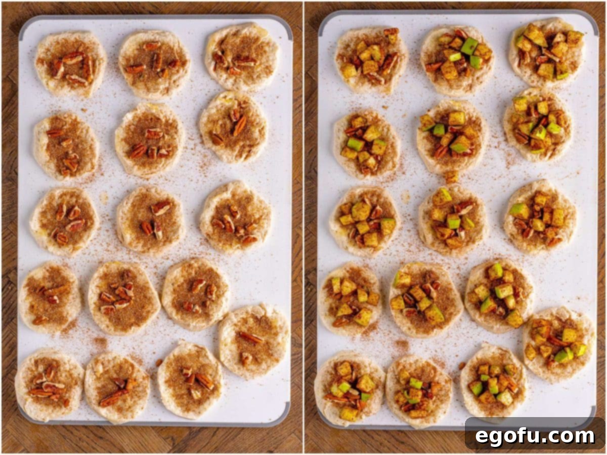 A two-part collage showing (left) a biscuit slice generously sprinkled with cinnamon-sugar and chopped pecans, and (right) another biscuit slice topped with the diced apple mixture.