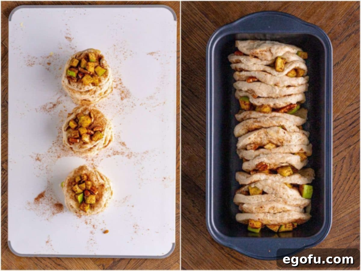 A two-part collage showing (left) three separate stacks of cinnamon-apple-filled biscuit slices, and (right) the stacked biscuit slices neatly arranged in a loaf pan, ready for baking.