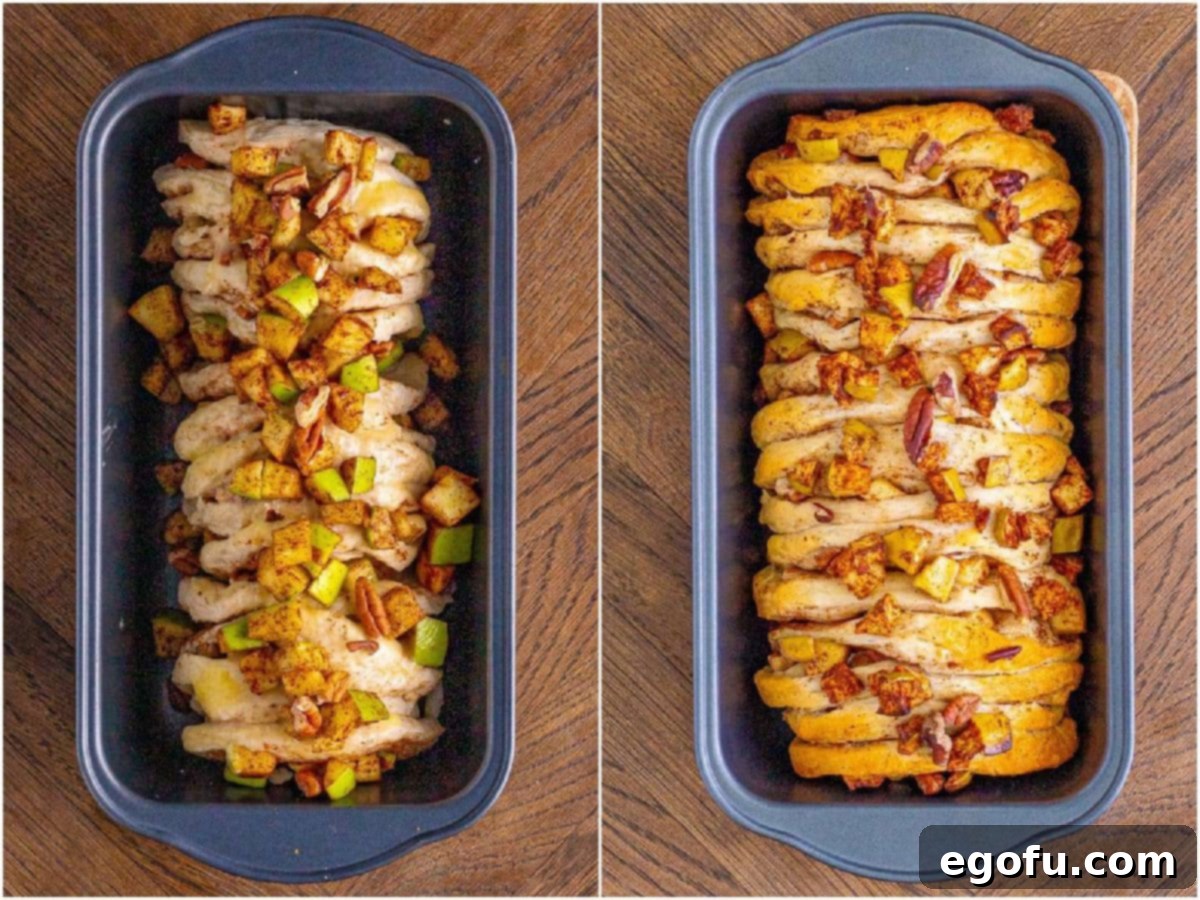 A two-part collage showing (left) diced apples and cinnamon sprinkled over the raw biscuit dough in the loaf pan, and (right) the final golden-brown, fully baked Cinnamon Apple Pull-Apart Bread just out of the oven.