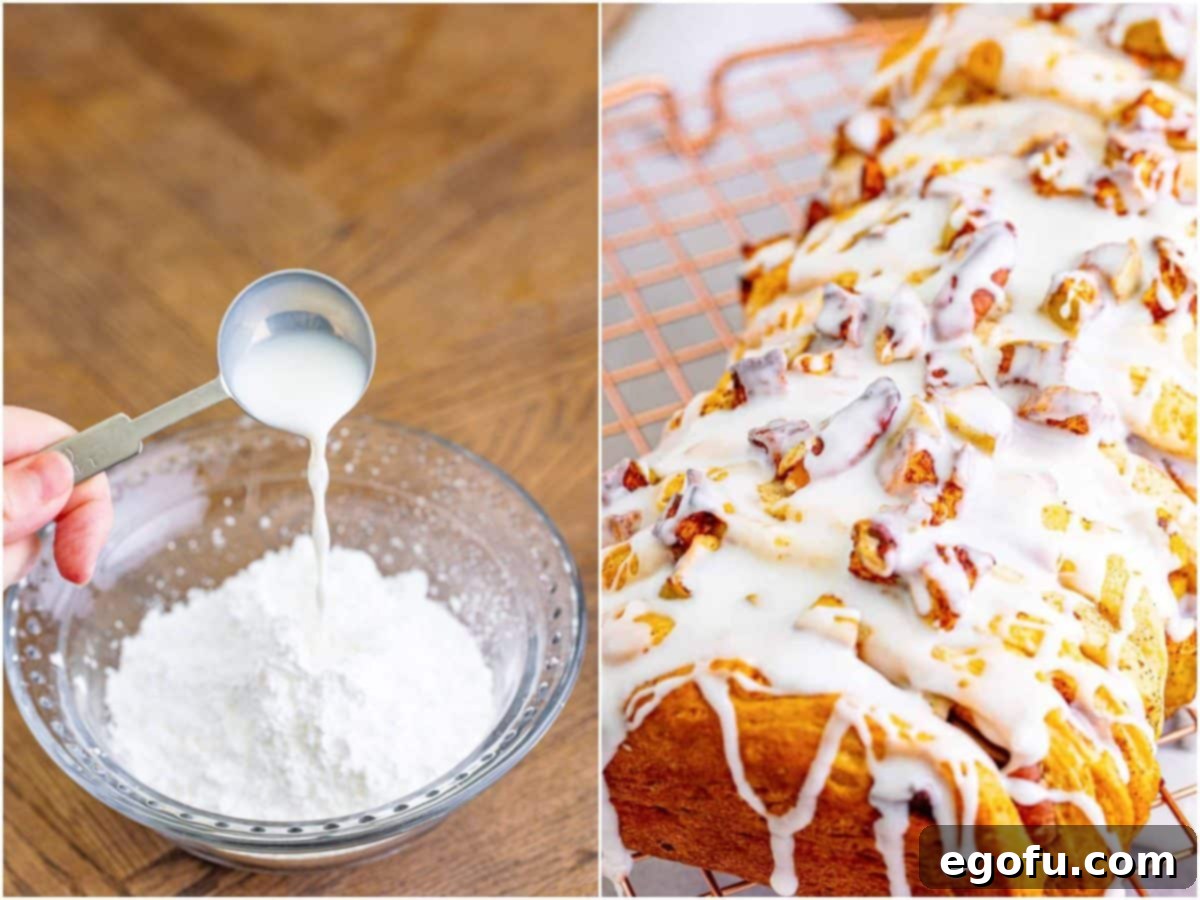 A two-part collage showing (left) milk being poured into a bowl of powdered sugar for the icing, and (right) the finished Cinnamon Apple Pull-Apart Bread with sweet icing drizzled on top, cooling on a wire rack.