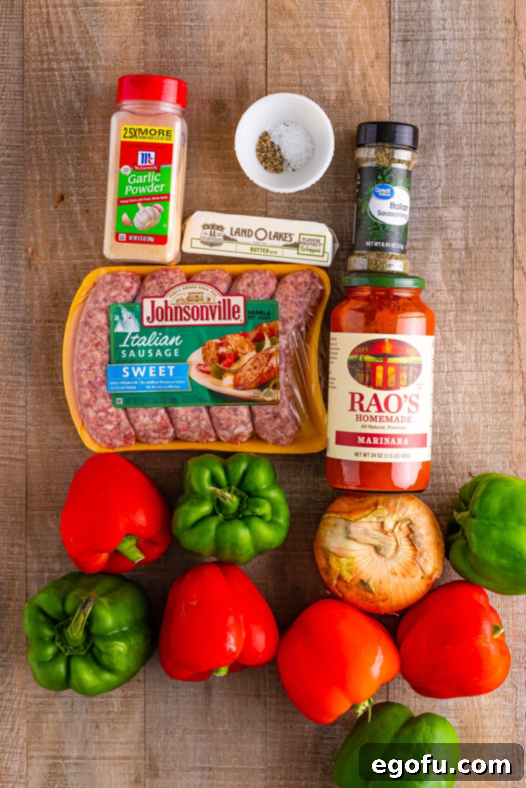 Italian sausages, Marinara sauce, bell peppers, onions, butter, garlic powder, Italian seasoning, salt, pepper, and tomato paste.