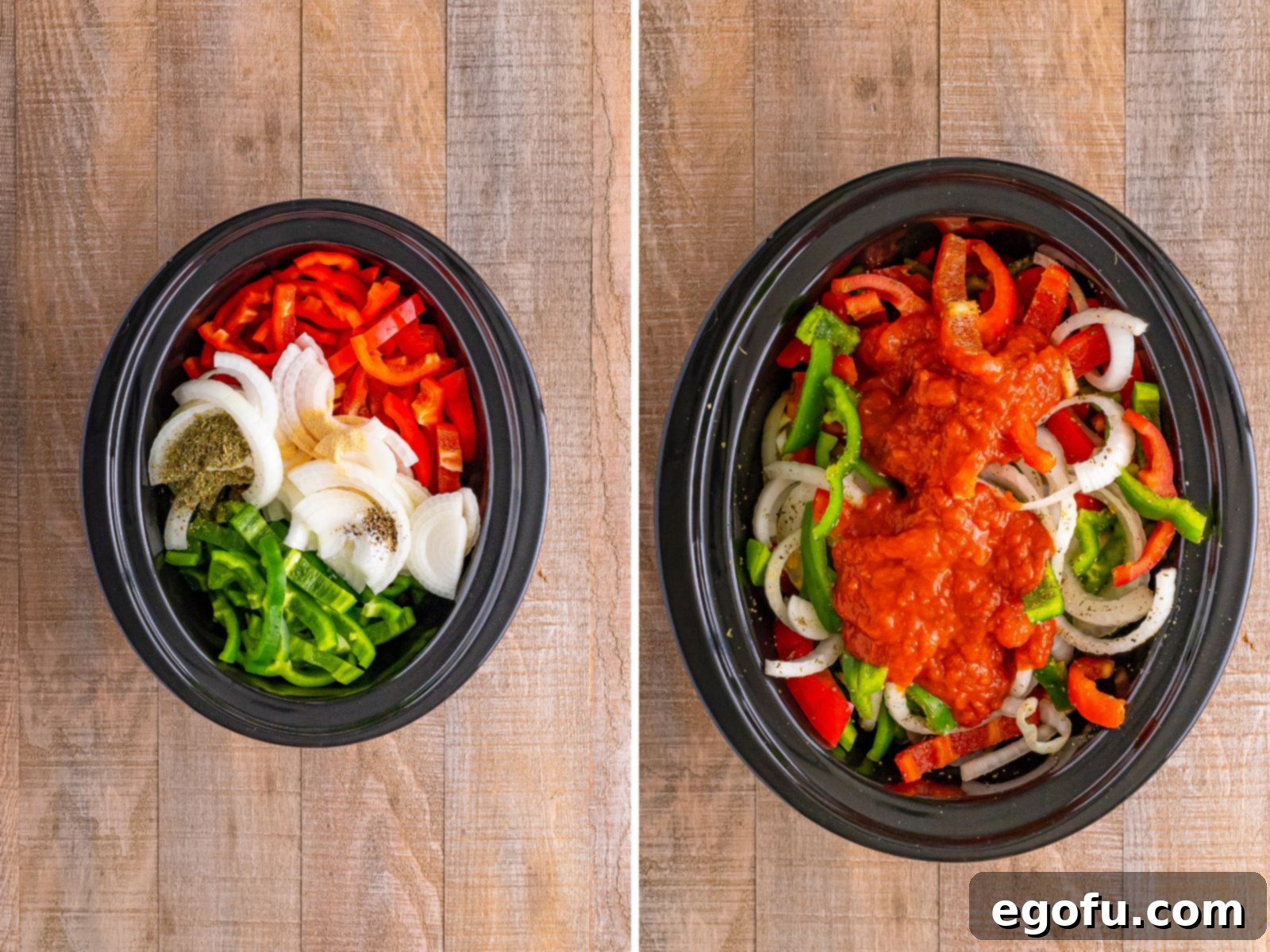 A Crock Pot with peppers, onions, sausage and herbs and spices, and another with marinara sauce dumped on those ingredients.