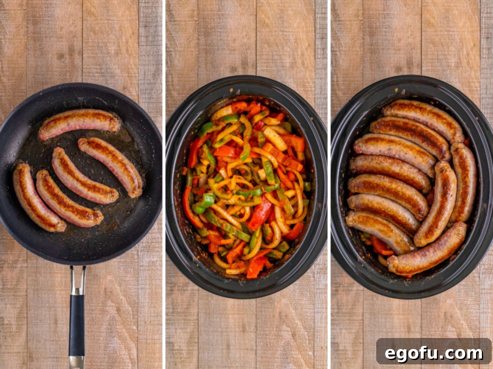 A skillet with cooked Itailian sausage, a Crockpot with cooked peppers and onions and one with sausages on top of the peppers and onions, 