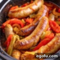 Looking closely down on delicious Sausage and Peppers.