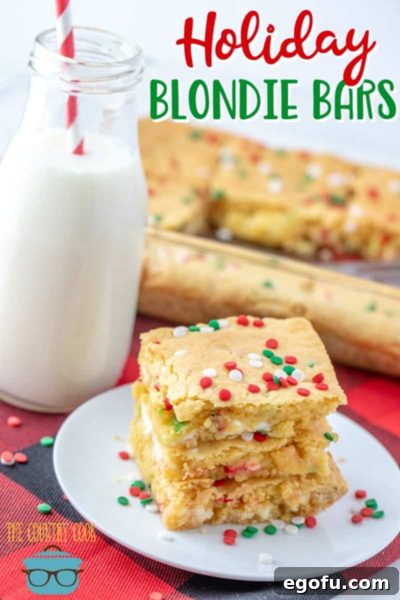 Easy Holiday Blondie Bars recipe from The Country Cook with festive graphics.