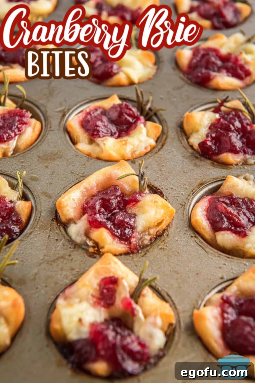 Golden Cranberry Brie Delights 3 Cranberry Brie Bites, perfectly cooked and golden brown, nestled in a mini muffin tin.
