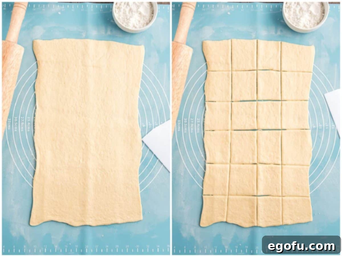 Golden Cranberry Brie Delights 5 Collage showing crescent roll dough spread out on a baking mat, and then cut into 24 uniform squares.