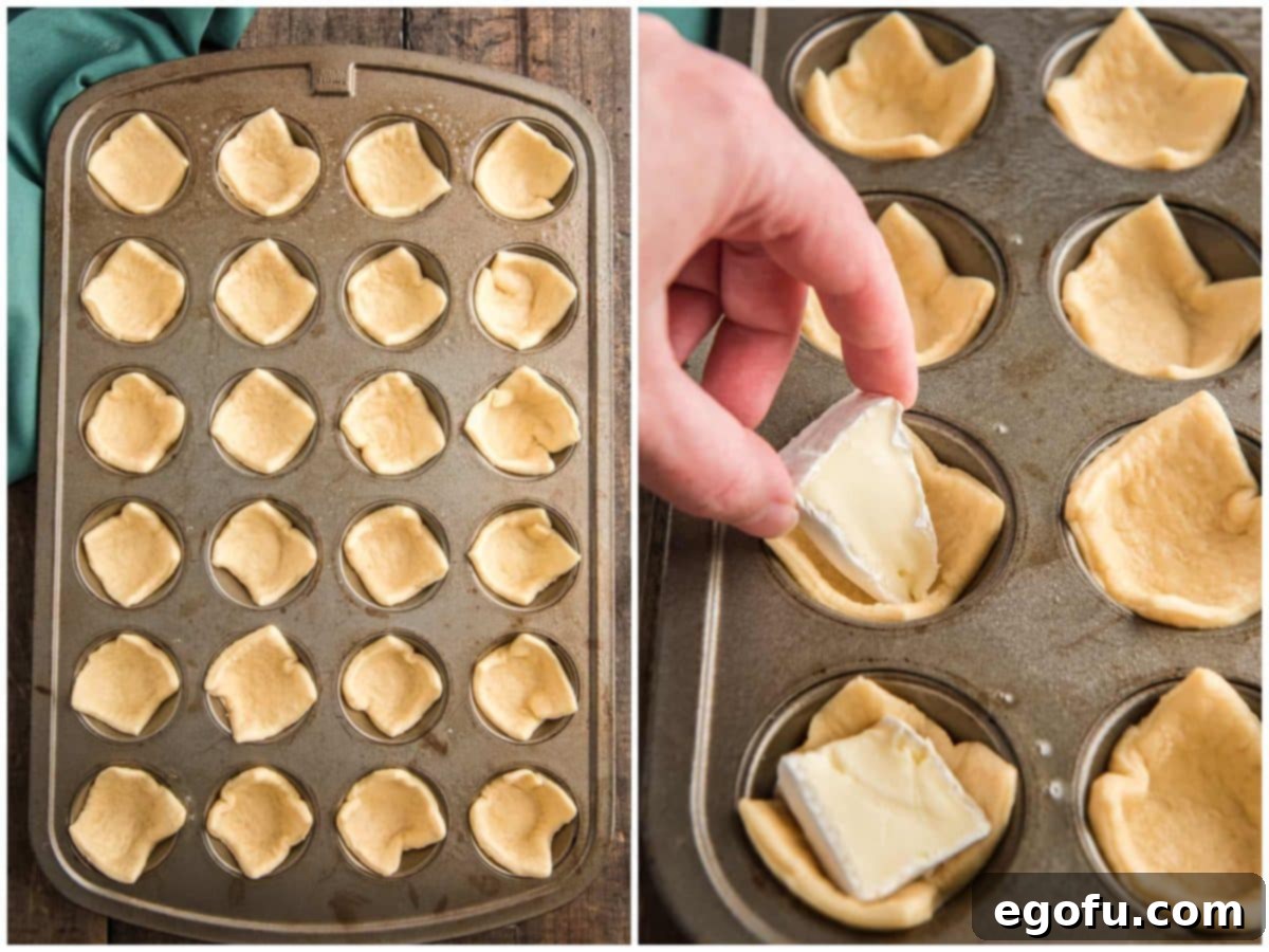 Golden Cranberry Brie Delights 6 Collage showing crescent roll dough pieces placed into a mini muffin tin, followed by small pieces of brie cheese added to each dough cup.