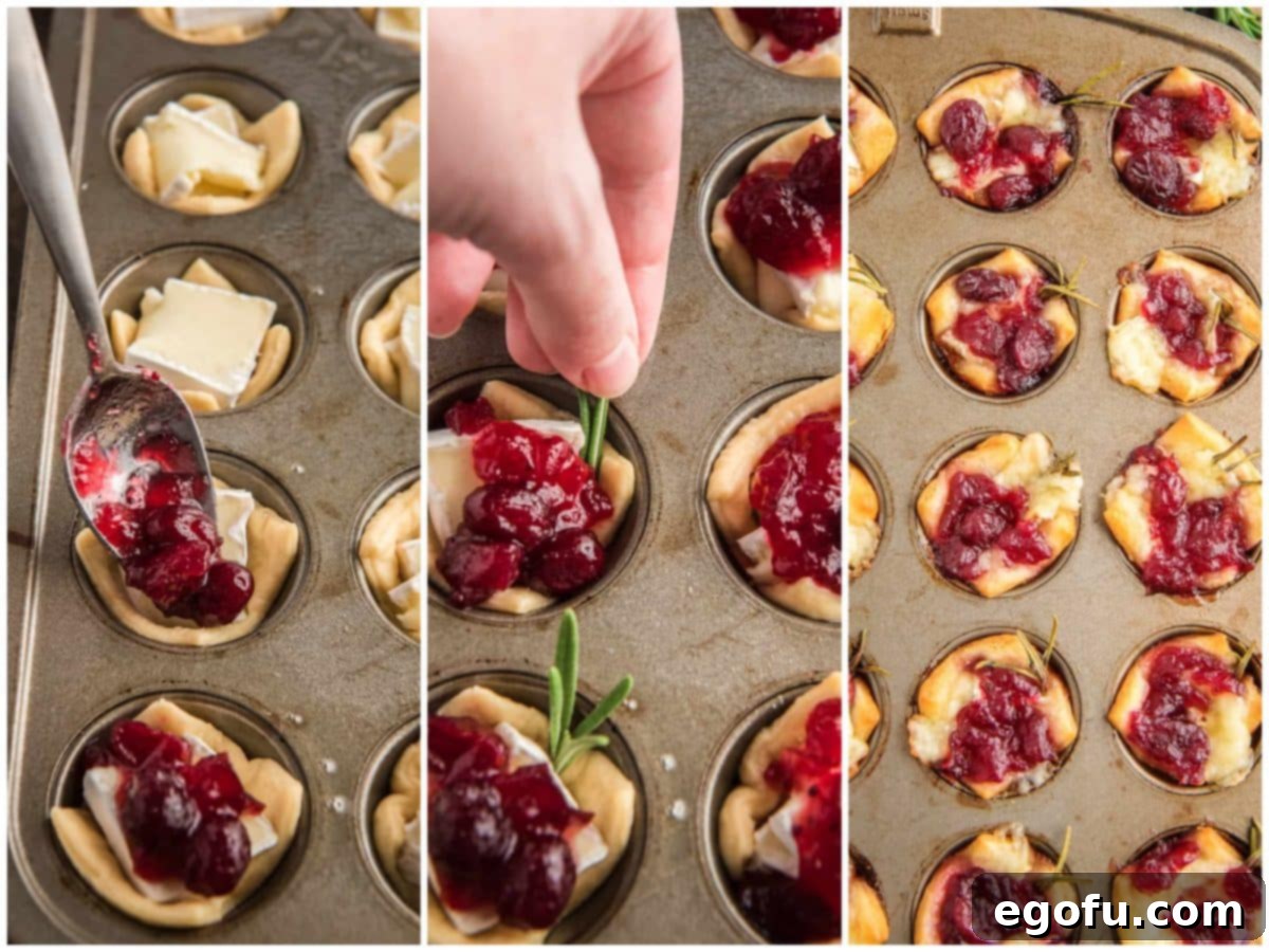 Golden Cranberry Brie Delights 7 Collage showing whole cranberry sauce spooned onto brie slices, then adding a sprig of rosemary to each bite, and finally the fully baked Cranberry Brie Bites.