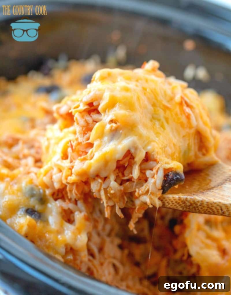 Crock Pot Chicken and Rice topped with melted cheese being scooped up by a wooden spoon.