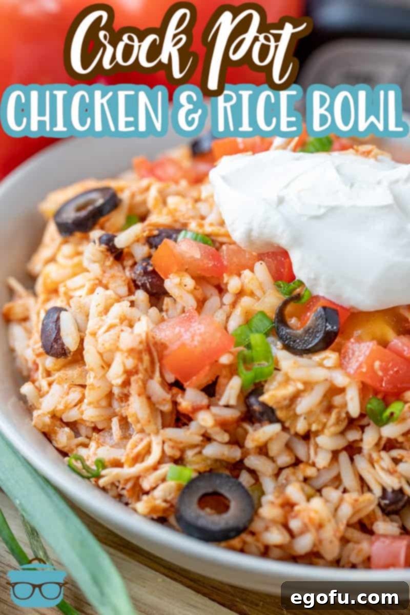 Crock Pot Chicken and Rice Burrito Bowl recipe from The Country Cook, recipe shown served in a large bowl.