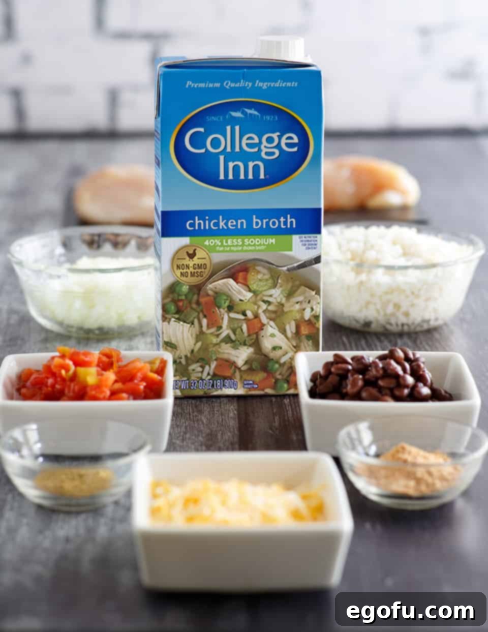 chicken broth, black beans, cheese instant rice, Rotel, taco seasoning.