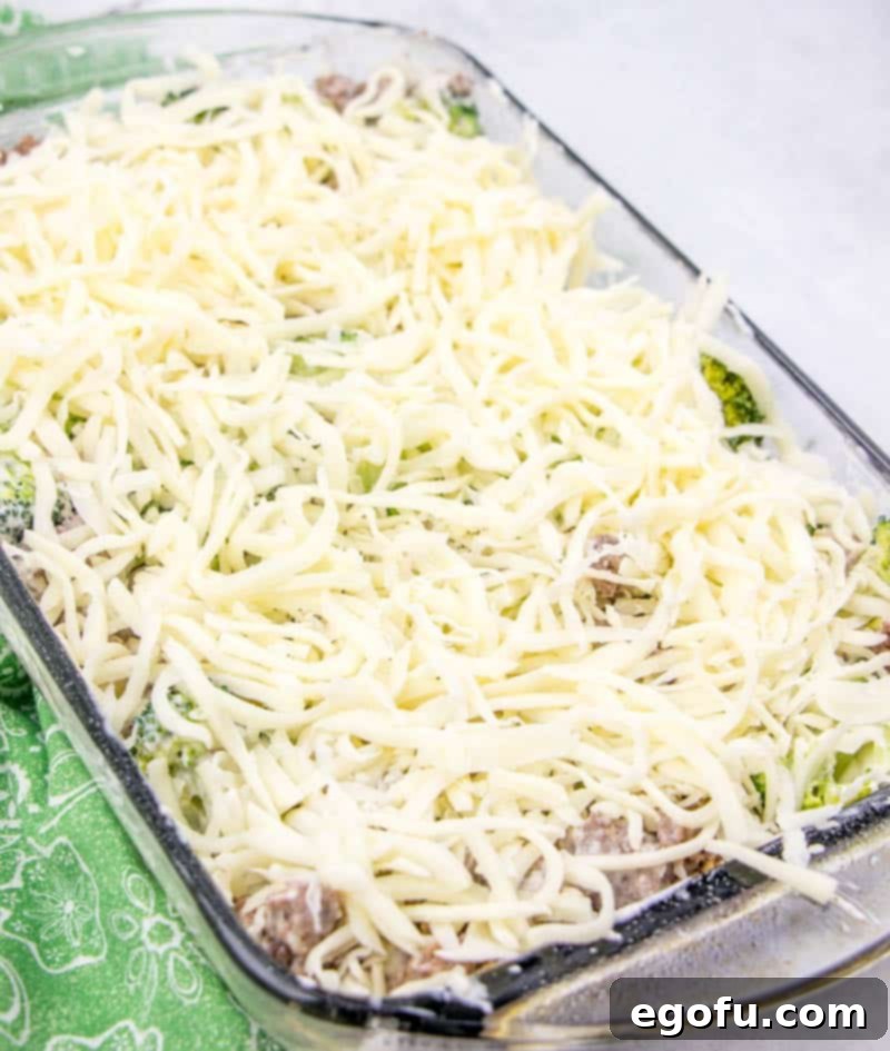 Shredded mozzarella cheese evenly spread over the ground beef, sausage, and cream sauce mixture, preparing for baking.