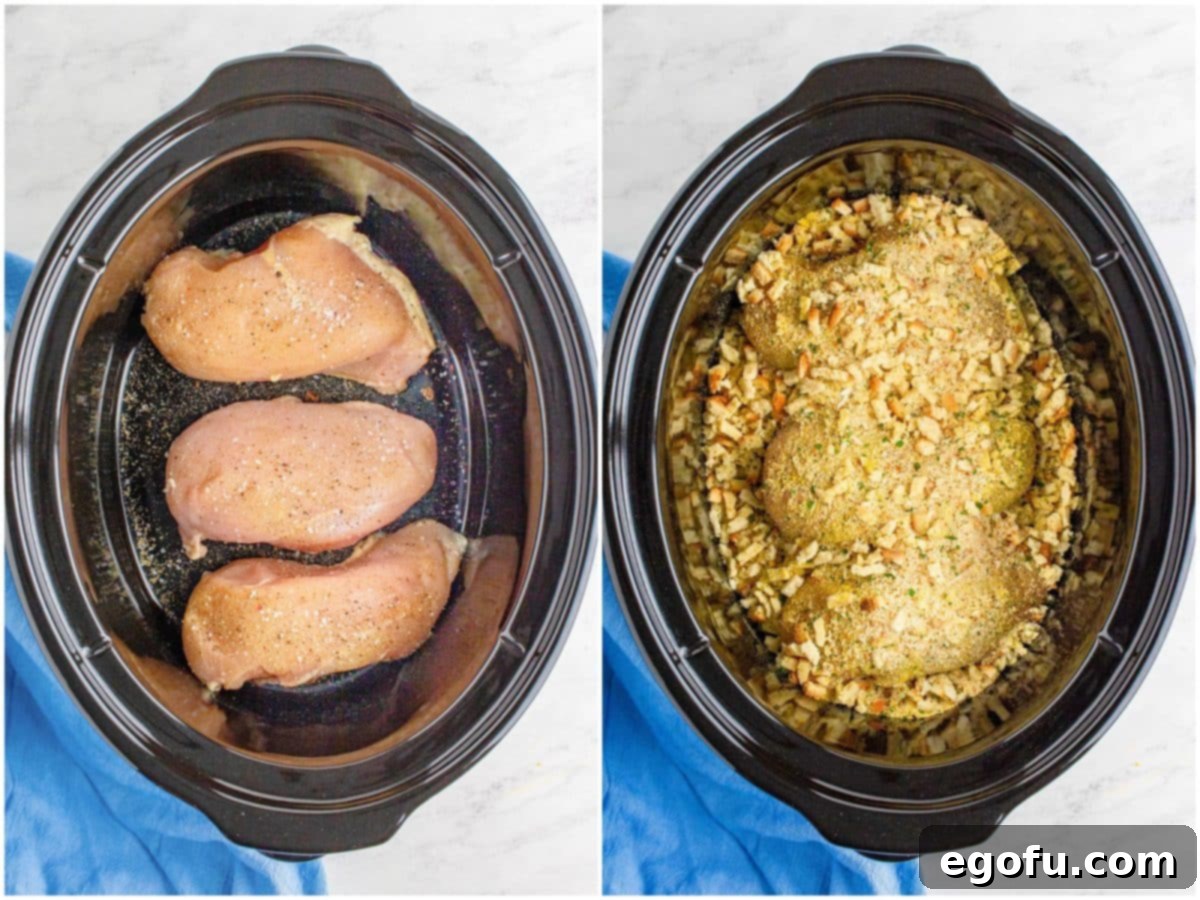 collage of two photos: three chicken breasts in a crock pot with seasoning on top; dry Stove Top stuffing sprinkled on top of chicken breasts.