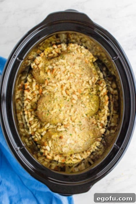 Stove Top stuffing sprinkled evenly over chicken breasts in slow cooker.