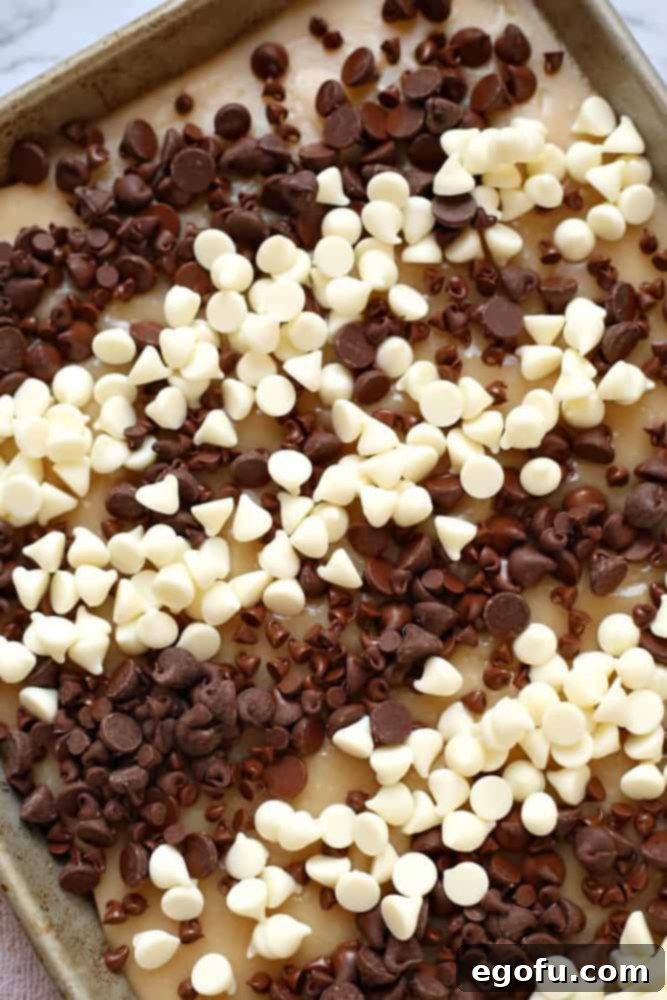 semi sweet chocolate and white chocolate chips layered evenly onto glaze.