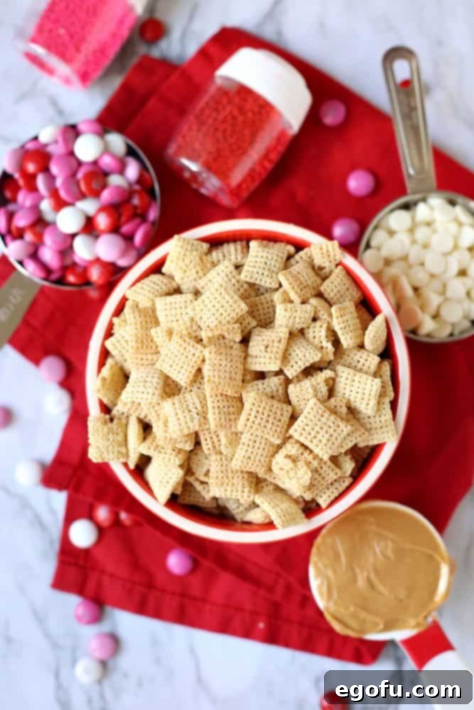 Chex, white chocolate chips, peanut butter, M&M's, sprinkles.