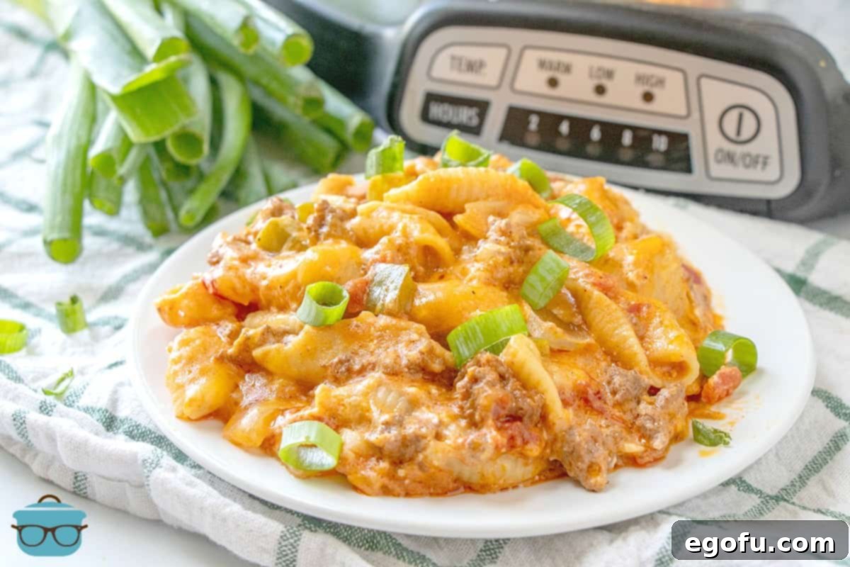 Crock Pot Taco Pasta on a plate topped with sliced green onions, ready to serve.
