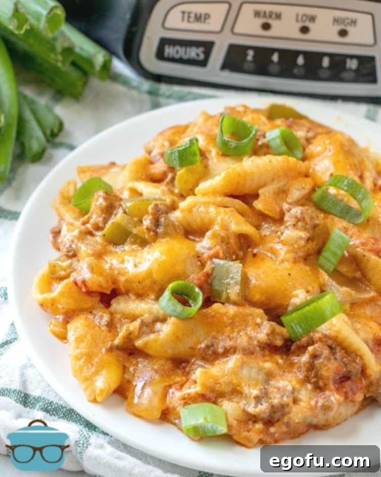 Slow Cooker Taco Pasta on a plate with sliced green onions, garnished and ready to eat.