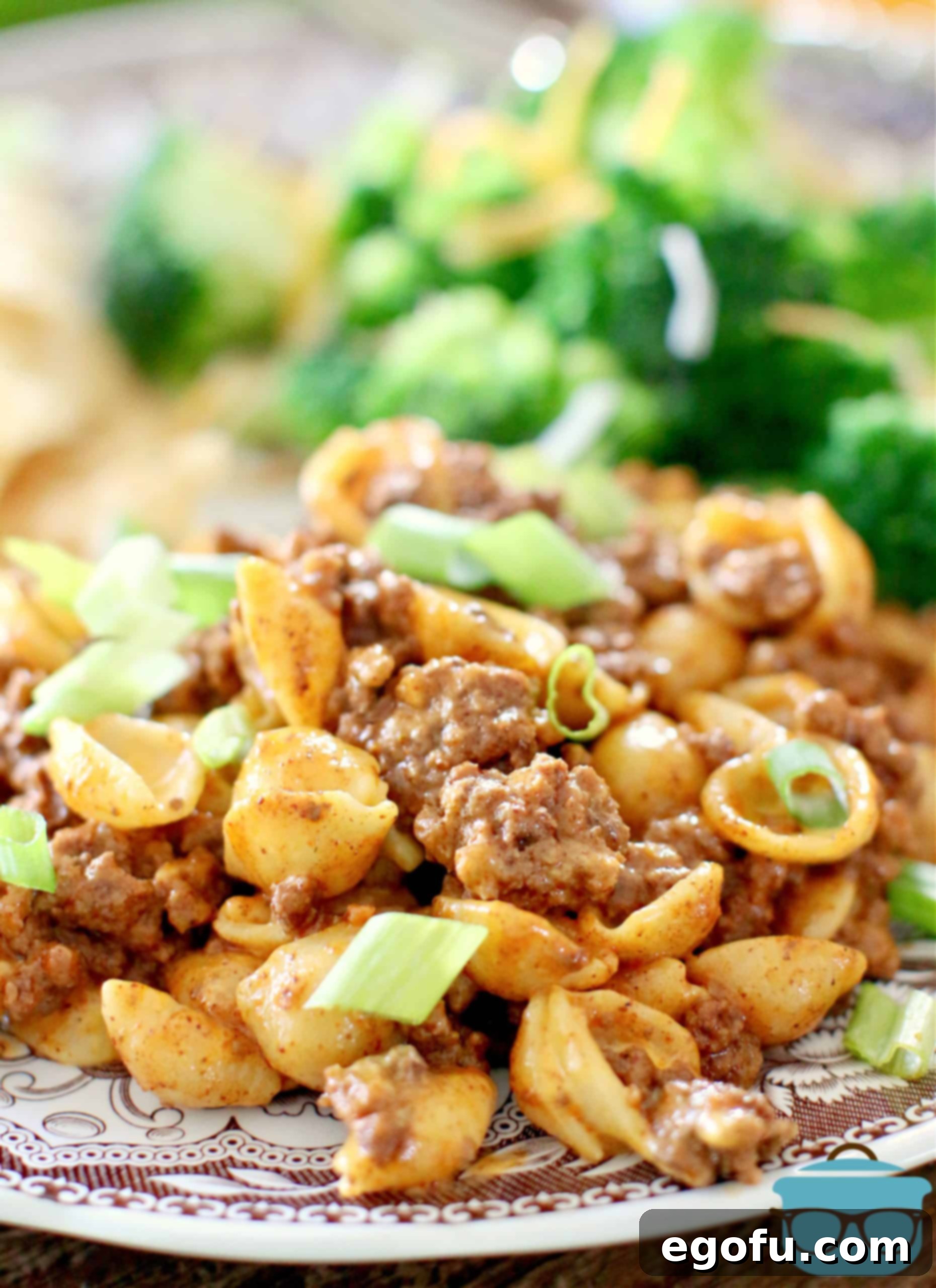 Fiesta Mac and Cheese 2 Easy Taco Macaroni and Cheese, serving shown on a plate, with a string of steamed broccoli.