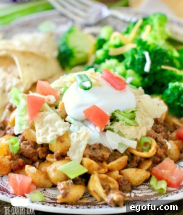 Fiesta Mac and Cheese 13 Taco Mac and Cheese with lettuce, tomato, tortilla chips and sour cream.