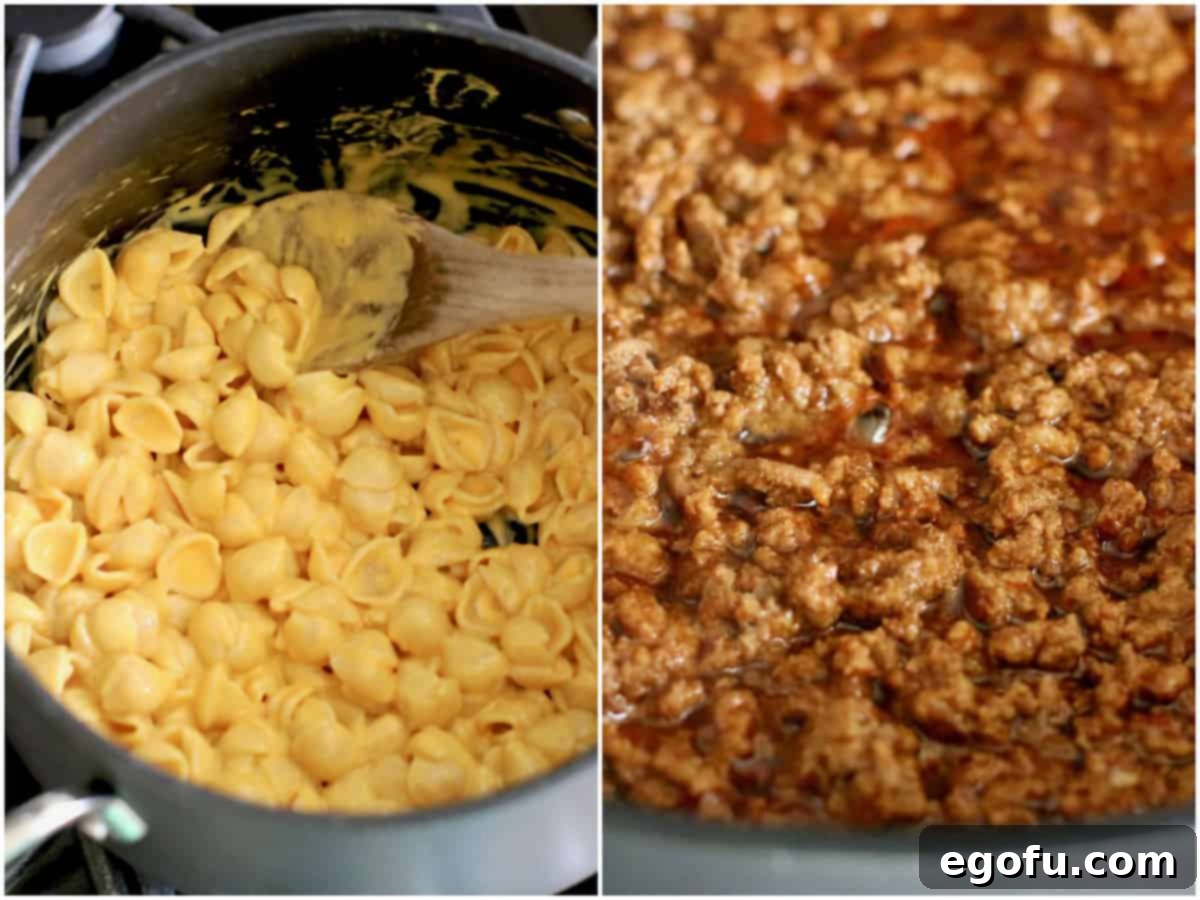Fiesta Mac and Cheese 5 collage of two photos: prepared macaroni and cheese in a pot; taco seasoned ground beef in a skillet.