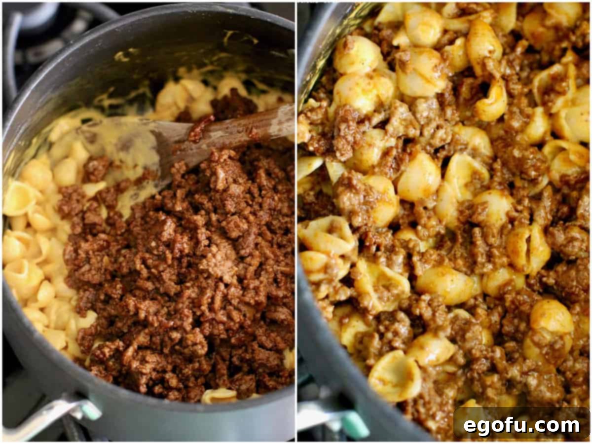 Fiesta Mac and Cheese 6 collage of two photos: macaroni and cheese and taco ground beef in a large pot; fully mixed taco Mac and cheese in a pot.