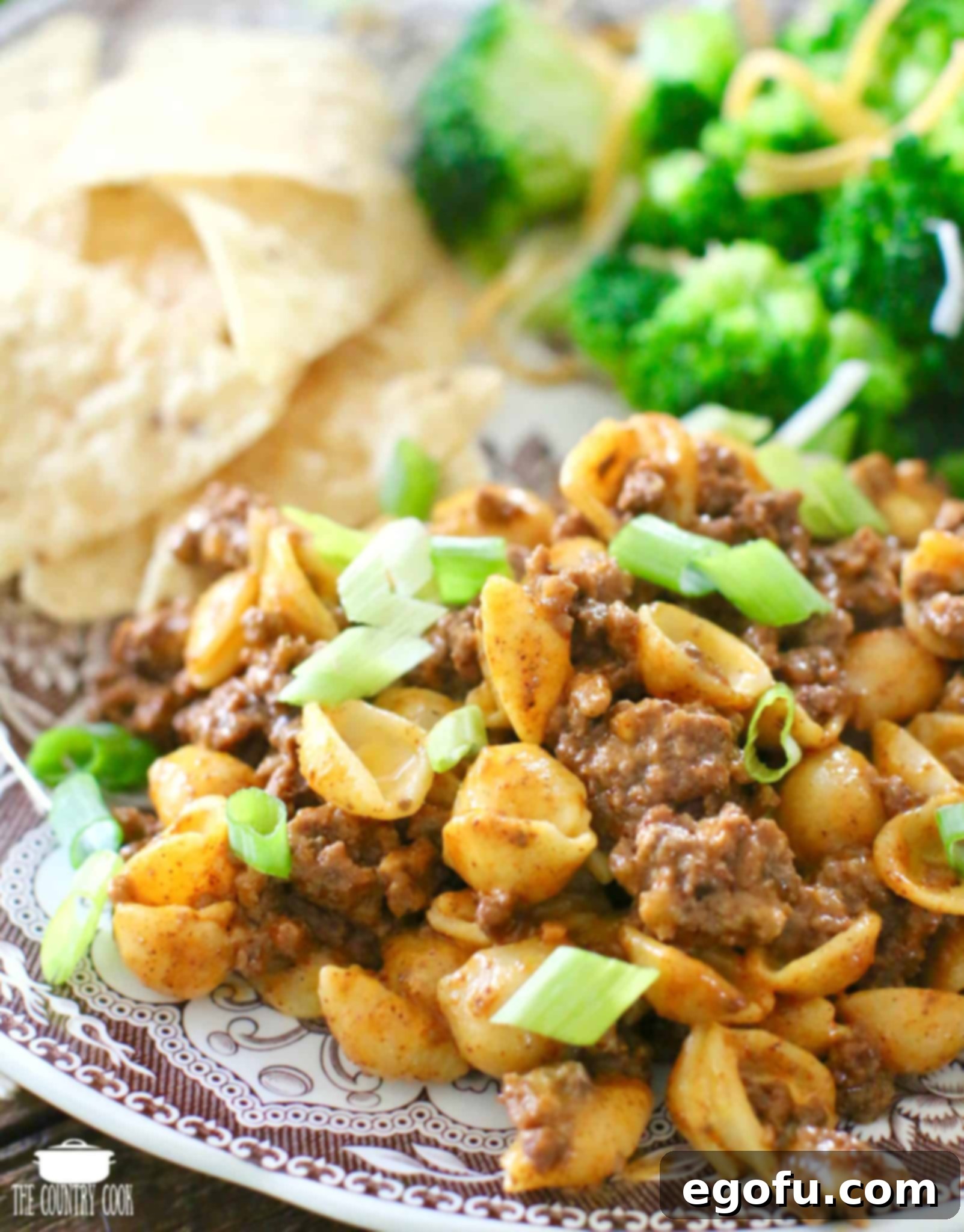 Fiesta Mac and Cheese 7 Easy Taco Macaroni and Cheese serving on a plate and topped with sliced green onions.