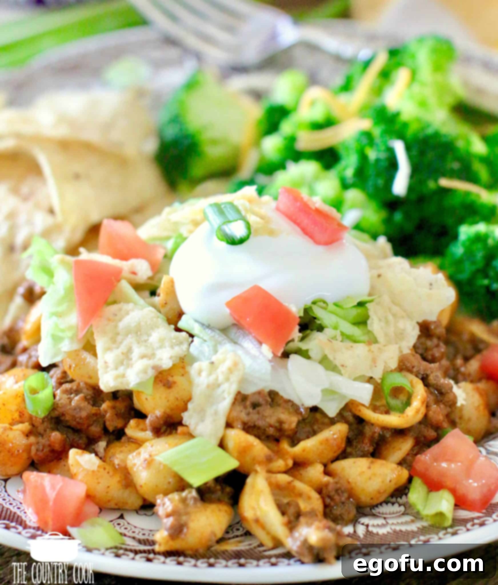 Fiesta Mac and Cheese 8 Taco Mac and Cheese topped with lettuce, tomato, tortilla chips and sour cream.