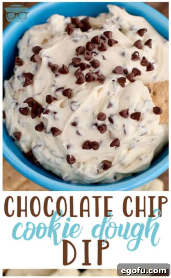 Decadent Chocolate Chip Dough Dip 3 Close-up view of a rich, creamy Chocolate Chip Cookie Dough Dip in a blue bowl, garnished with mini chocolate chips and a graham cracker for dipping.
