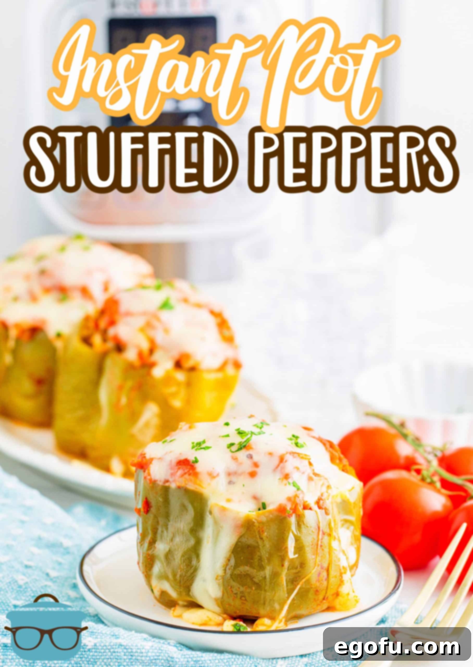 Instant Pot Stuffed Peppers recipe from The Country Cook, stuffed peppers shown on plates in from of a white Instant Pot