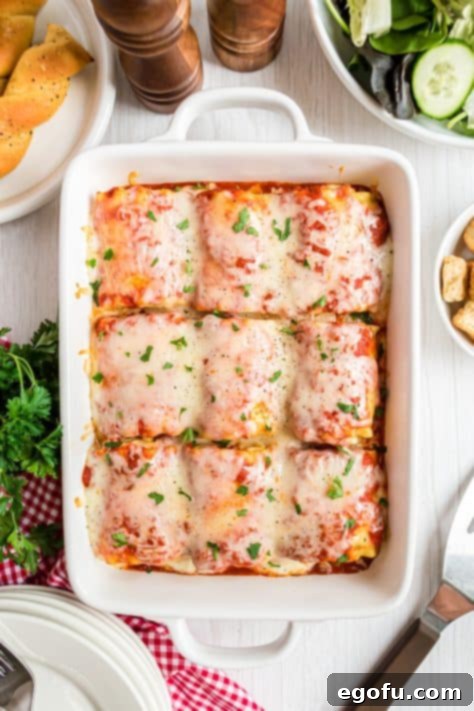 Fully baked lasagna rolls in a baking dish, garnished with fresh basil, just out of the oven.