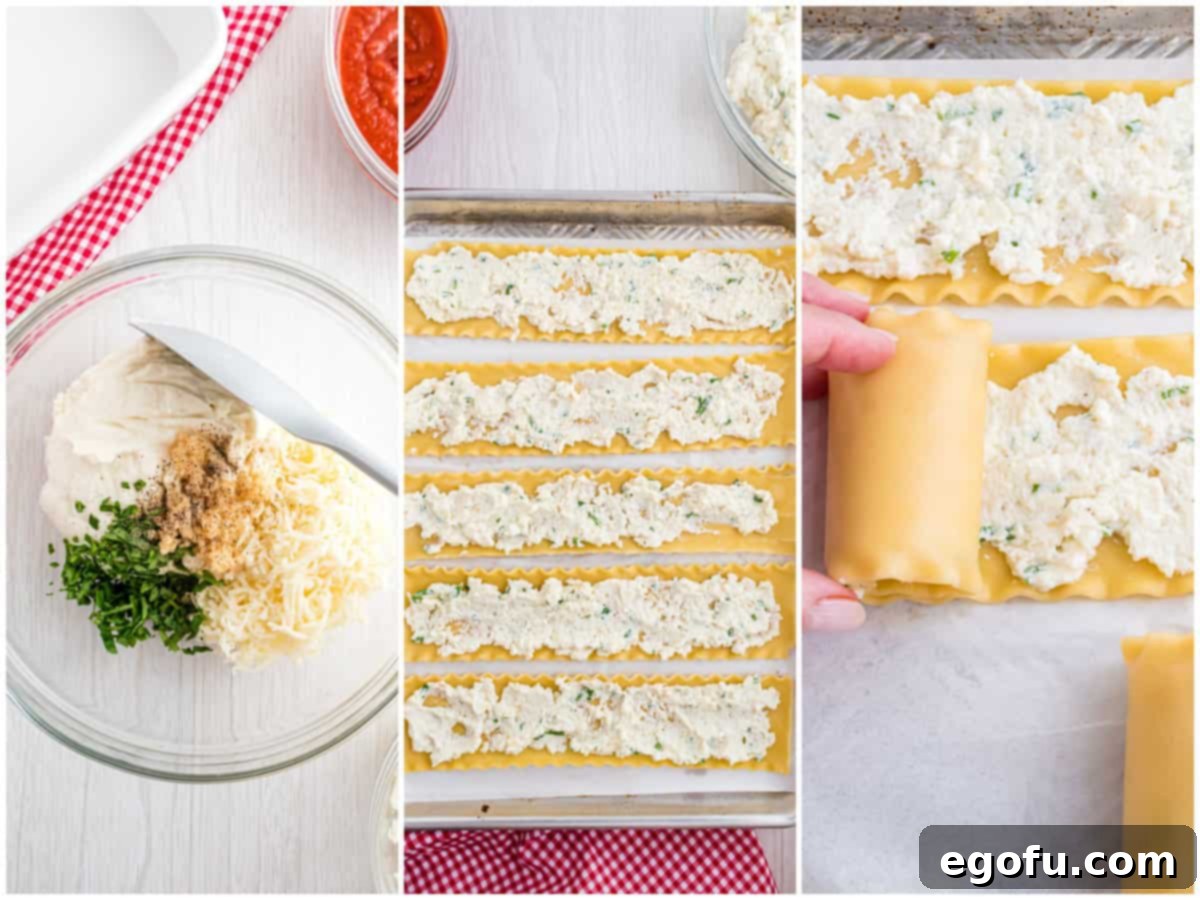 A three-panel collage illustrating the preparation steps: first, the creamy ricotta, garlic, basil, and mozzarella filling in a bowl; second, the filling neatly spread onto cooked lasagna noodles; third, a close-up of a lasagna noodle being carefully rolled up.