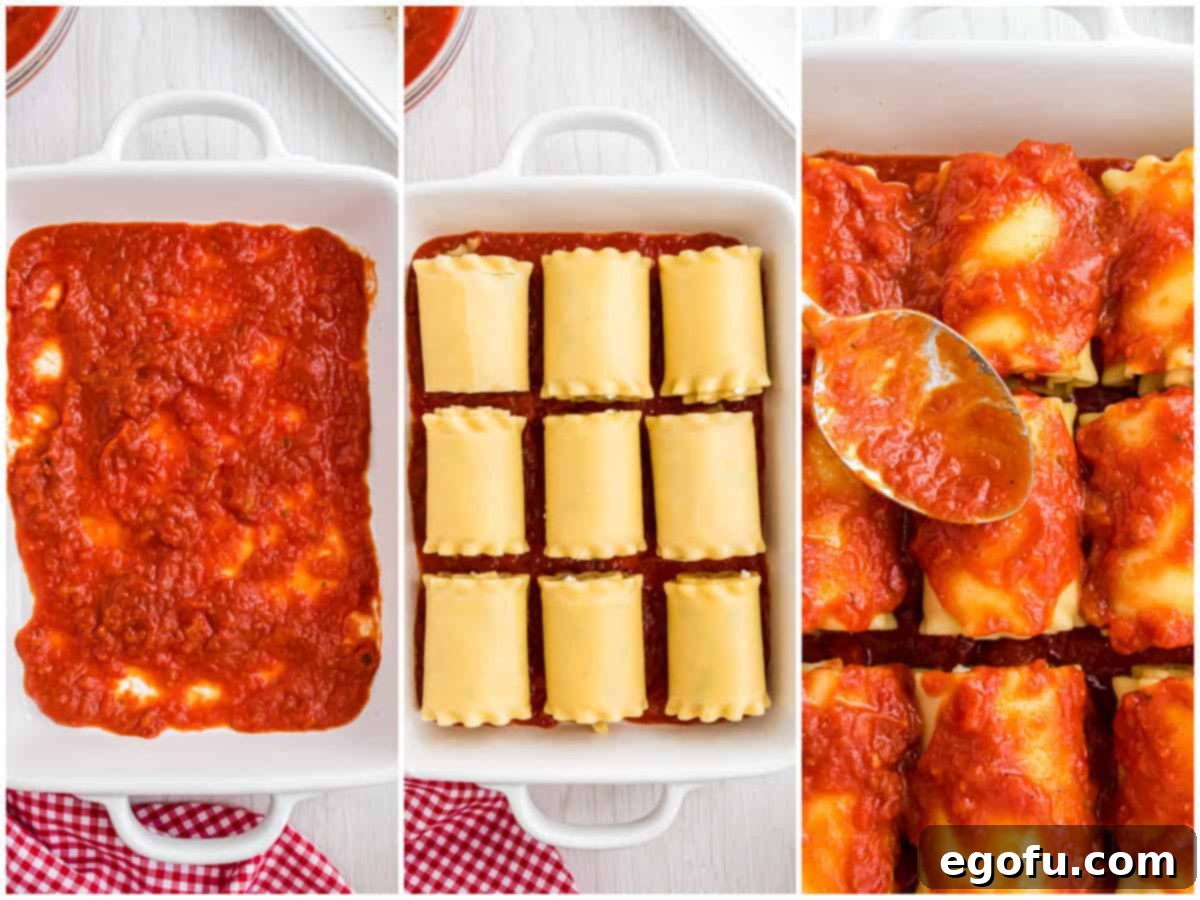 A three-panel collage demonstrating the assembly: first, marinara sauce spread evenly in a baking dish; second, individual lasagna rolls neatly placed seam-side down on the sauce; third, more marinara sauce being spooned generously over the arranged roll-ups.